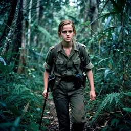 film still, portrait, emma watson soldier hiking through dense vietnam jungle, award winning, award winning, award winning, film still from apocalypse now ( 1 9 7 9 ), 2 6 mm, kodak ektachrome, blue tint ektachrome film,