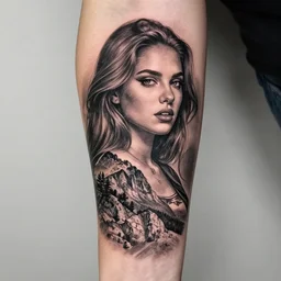 double exposure effect tattoo design sketch of isabelledeltore with amazing mountain scenery, realism tattoo, in the style of den yakovlev, amazing detail, sharp