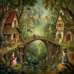 beguiling epic stunning beautiful insanely detailed matte painting of a bridge through cabin dream worlds designed by heironymous bosch, by cyril rolando and asher durand and natalie shau, whimsical, intricate