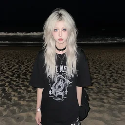 pale emo girl on the beach at night