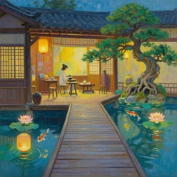 painting of interior of cozy fantasy onsen teahouse boardwalk by greg rutkowski craig mullins mucha floating bonsai floating lanterns lotus koi clear focus fantasy atmospheric cinematic lighting, trending on artstation