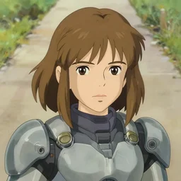 young mysterious girl with light hazelnut hair with side swept bangs, perfectly proportioned face, brown eyes, strong square jawline, natural lighting, path traced, highly detailed, high quality, cartoon, digital painting, by new haicheng and studio ghibli and alphonse mucha wearing an cyborg space armor designed by neill blomkamp