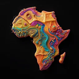 a extremely ultra highly detailed hi - res ultra highly detailed colorful logo of africa black background, zoom out, 8 k, high textures, ultra hyper sharp, insanely detailed and intricate, super detailed, 3 d render, 8 k hdr ultra high quality high polygon, psychedelic, retro wave, digital art,