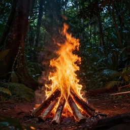 highly detailed realistic photo of single bonefire in dark night jungle, vibrant colors, award winning masterpiece photography, hyper realistic, concept art, 8 k detail post - processing