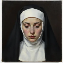 hyperrealism oil painting, complete darkness background, close - up face portrait from above, nun fashion model lost her faith