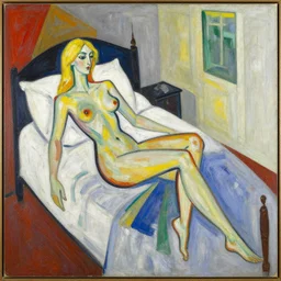 painting, abstract expressionism, very abstract, blonde in bed, art deco, by art frahm, vladimir volegov, pablo picasso, wassily kandinsky