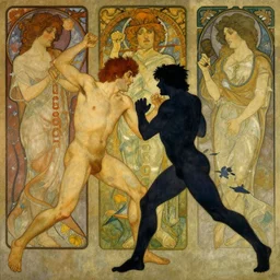 the dayman fighting the nightman. art by artgerm and greg rutkowski and alphonse mucha and tomacz alen kopera and gaston bussiere.