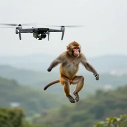 a monkey flying with a drone, 4k ultra hd