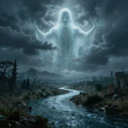 eerie, greek fantasy landscape, styx the river of the dead, a giant smiling translucent shining ghost figure in the stormy clouds, stanley kubrick movie frame