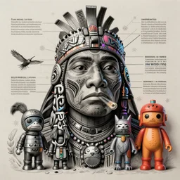 a distopic espiritual diagram portrait of a Selk'nam with a Capirote, Plastic toy, art toy, by Jim Woodring , Award winning engraving, iridiscense, dramatic lighting, Accurate and detailed, sharp focus, 8k ,
