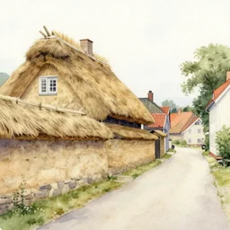 watercolor painting of village street, bailey wall, medieval straw roof, scandinavian, ambient lighting, art by hans dahl, by jesper ejsing, art by anders zorn, wonderful masterpiece by greg rutkowski, cinematic light, american romanticism by greg manchess, creation by tyler edlin