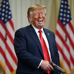 Donald Trump holding a gun and laughing, award winning cinematic photography, 50 mm, blurred background, trending on twitter
