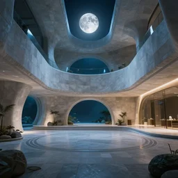futuristic masonry hall, crisp, artstation, luxury, beautiful, dim painterly lighting aquatic, 3 d concept art, moon light