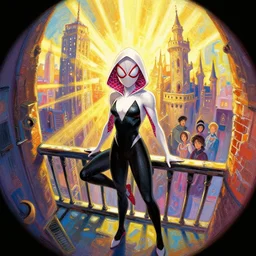 spider - man : into the spider - verse ( 2 0 1 8 ) anime key visual concept art of spider gwen standing on a balcony in new york city, golden rays, fantasy european castle, trending on artstation, by ashley wood, yoji shinkawa, jamie hewlett, 6 0's french movie poster, french impressionism, vivid colors, palette knife and brush strokes, style of makoto shinkai and alberto mielgo, fish eye lens