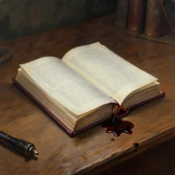 a beautiful painting of a single book bleeding ink onto a wooden desk by artgerm, trending on artstation, concept art, horror themed