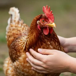 a chicken with human hands. professional wildlife photography. 8 k.