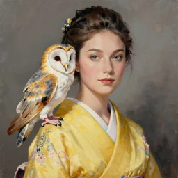 head to shoulder portrait painting of an elegant top model wearing a yellow kimono with a very detailed barn owl on her shoulder by Simon Stålenhag