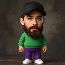 a young man with a chin - style dark brown beard without mustache in a black cap, green turtleneck, purple pants and white sneakers in full height, perfect face
