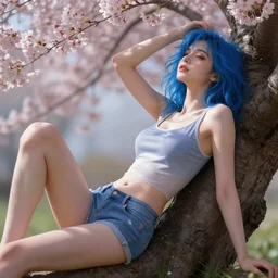 hd photograph of a pretty girl with blue hair, wearing a tank top and shorts, relaxing in a sexy pose, under a cherry blossom tree, summer day, in the style of ilya kuvshinov, canon eos r 3, f / 1. 4, iso 2 0 0, 1 / 1 6 0 s, dramatic lighting, fantasy, intricate, elegant, highly detailed, lifelike, photorealistic, digital painting, bokeh, hdr, high resolution, artstation, concept art, smooth, sharp focus, art by krenz cushart and albert aublet