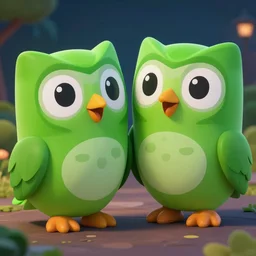 long shot of a duolingo green owl duo, art by esao andrews, humorous illustration, hyperrealistic, big depth of field, green feathers colors, night scenery, dim light, 3 d octane render, 4 k, tilt shift, conceptart, hyperdetailed, hyperrealistic, trending on artstation