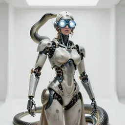 centered portrait photo by bouguereau of classical girl as a solarpunk mecha humanoid robotic parts wearing goggles with bright lights, real human face, serpentine pose, inside white room, ultra - realistic and detailed, 8 k