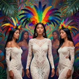 a reality bending psychedelic ayahuasca experience, colorful, distorted, surreal, tropical bird feathers, native girls body covered, intricate lace, elegant fabric, highly detailed, digital painting, concept art, smooth, sharp focus, illustration, art by krenz cushart and wayne barlowe and alphonse mucha