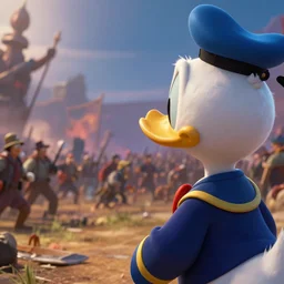 close up cinematic artwork of Donald duck staring down the enemy on the battlefield by Greg Rutkowski, 4k, masterpiece