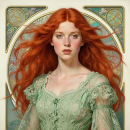 intricate art nouveau portrait oil painting of redheaded young millie bobby brown with long hair blowing in the wind, wearing an intricate green lace dress, highly detailed, in front of an intricate carved wood pattern, elegant, digital painting, smooth, sharp focus, illustration, ultra realistic, 8 k, by bouguereau, alphonse mucha, artgerm, and donato giancola