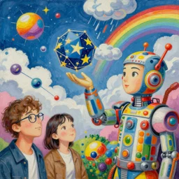 surreal gouache painting, by yoshitaka amano, conrad roset, by kilian eng, by good smile company, incredibly detailed, of floating molecules and a mannequin statue holding an icosahedron with stars, clouds, and rainbows in the background, cgsociety, artstation, modular patterned mechanical costume and headpiece, retrowave atmosphere