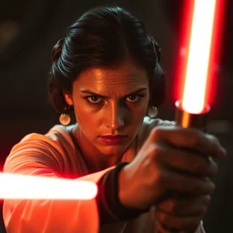 epic photo of princess leia fighting darth vader with her light saber, sweaty, detailed eyes, neutral expression, shallow depth of field, photorealistic, cinematic lighting, lovely bokeh, dark moody light, strong rim light, movie quality, fire light, flames, star wars 1 9 7 7, movie still
