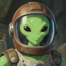 portrait of giant green alien with a futuristic brown helmet with clear visor, artstation, cartoon, elegant, highly detailed, digital painting, concept art, smooth, sharp focus, illustration, art by studio ghibli, makoto shinkai, don bluth, fujita goro, jean giraud, atey ghailan, akihiko yoshida, tom whalen, anton fadeev, 8 k