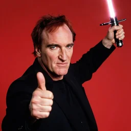 quentin tarantino giving his thumbs up with his left hand, raising his right arm with a lightsaber. red background. cinematic trailer format.