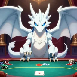 blue eyes white dragon sitting on a poker table with exodia