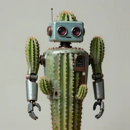 medium shot 1 9 5 0 s retro cactus robot, bionic arms and eyes. muted colours. by jean - baptiste monge