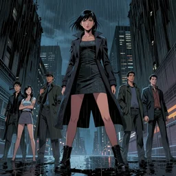 young female detective long tailored overcoat, dress, combat boots, in a dark city in the rain, surreal, comic book, low angle, wide angle, concept art by stuart immonen, warren ellis. sam kieth, shinji aramaki, greg rutkowksi, andrew ferez