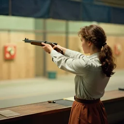 a girl shoots in a shooting gallery, in the style of soviet realism