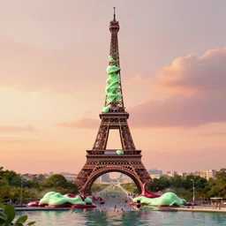 melting distorted eiffel tower icecream green and red, rainy sunset, people swimming in wine glasses, super realistic and highly detailed painting by japanese comic illustration on yellow background