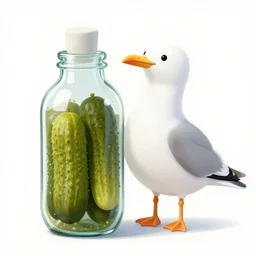 an anthropomorphic gullible dill pickle prickling other pickles while being pickled in a brittle bottle