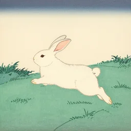 an ukiyo-e woodblock print of a cute rabbit jumping across a meadow, very beautiful, by hokusai