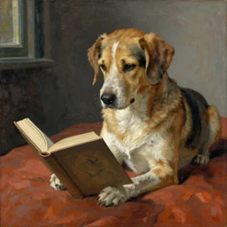 a dog reading a book, by berthe moriso