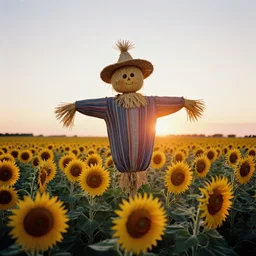 a field of sunflowers with the sun setting in the background, scarecrow, a picture by pogus caesar, shutterstock contest winner, color field, photo taken with ektachrome, backlight, sunrays shine upon it