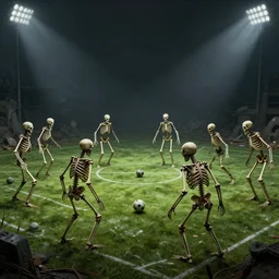 tall vicious skeletons playing soccer on a massive dystopian football field, no crowd, silence, horror, terrific hyper realistic, francisco goya style, nightscape, spotlights, 8 k octane render, intricate details