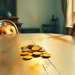 small centered on watercolor paper, paint brush strokes, abstract watercolor painting of gold coins on polished oak table, sticks, cinematic light, american romanticism by hans dahl, by jesper ejsing, by anders zorn, by greg rutkowski, by greg manchess, by tyler edlin