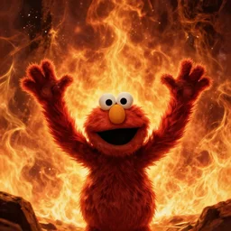 extremely scary horror portrait of elmo raising his arms in front of massive endless apocalyptic flames, epic fantasy art by michael whelan