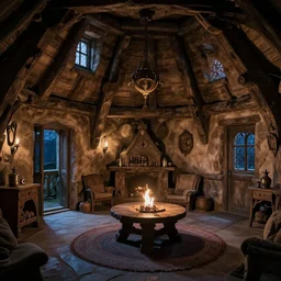 medieval cottage interior at night, fantasy