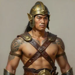 smart tai warlord, closeup portrait, historical, ethnic group, sukhothai costume, bronze headset, fantasy, intricate, with leather armor cross onbare chest, tai body tattoo, elegant, loin cloth, highly detailed, oil painting, artstation, concept art, matte, sharp focus, illustration, hearthstone, art by earl norem