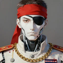 portrait of sajtama by yoji shinkawa, high quality, english man, extra details, realism, ornate, colored, golden chain, blood, white skin, short hair, brown eyes, vivid, sunlight, red headband, black eyepatch, white american soldier, painting, cybernetics, military