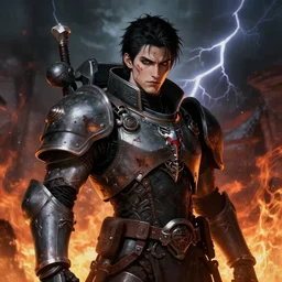 portrait of beautiful gothic and futuristic young man, warhammer, cyber armor, a lot of more and more scars, thunderstorm and fire, black head, the middle ages, highly detailed, artstation, illustration, more and more composision, 8 k quality, art by jean delville, rene magritte