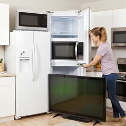 we have to install microwave ovens. custom kitchen deliveries. we have to move these refrigerators and color tvs.