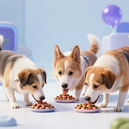 futuristic dogs in the metaverse eating dog food